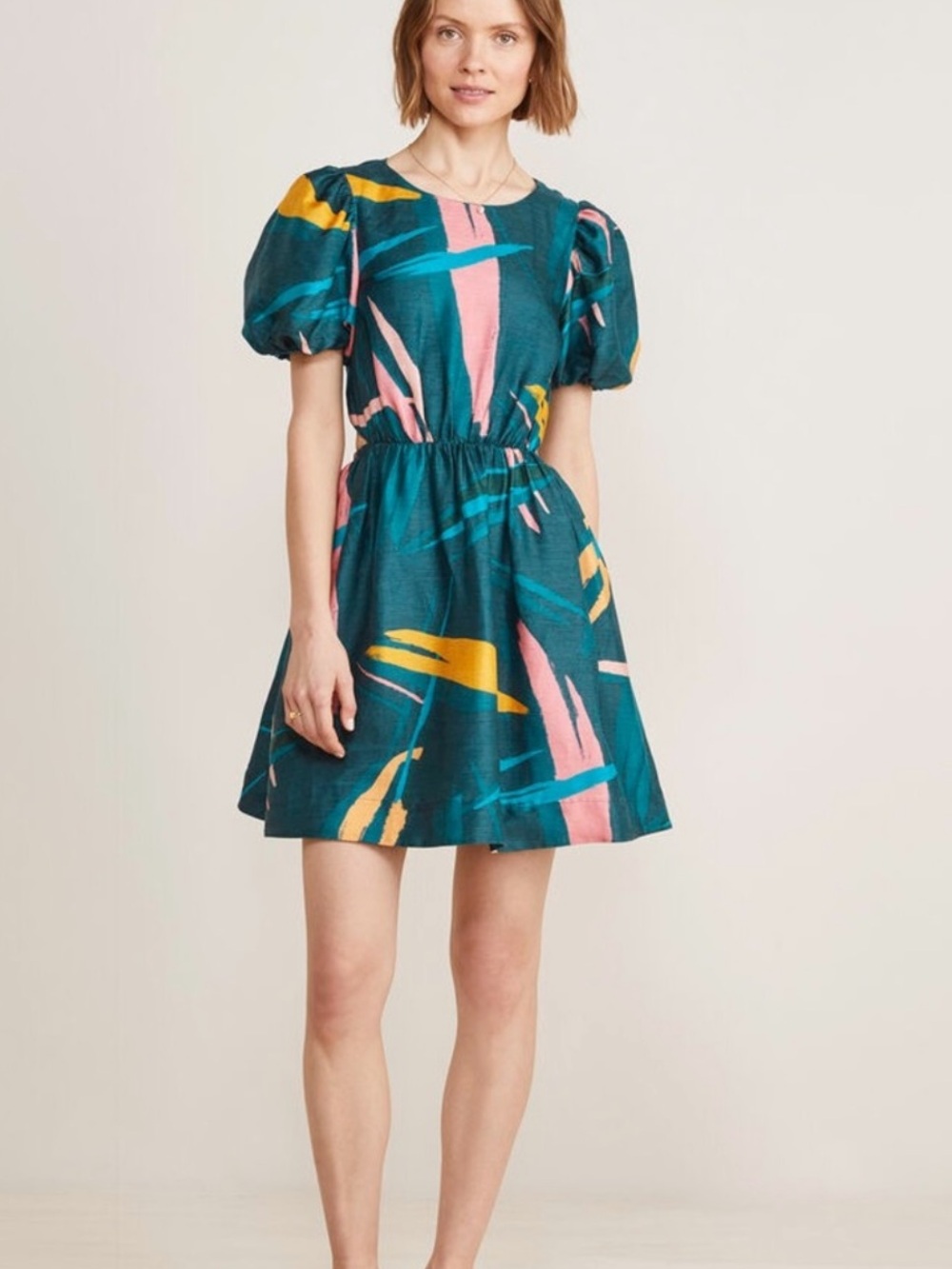 Vineyard Vines Puff-Sleeve Cutout Dress - Size 6 -Like New- Blue Tropical Print